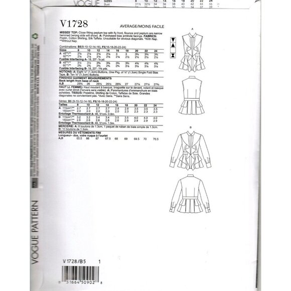 Vogue V1728 Misses 8 to 16 Ruffle Peplum Top Uncut Sewing Pattern - Picture 2 of 2